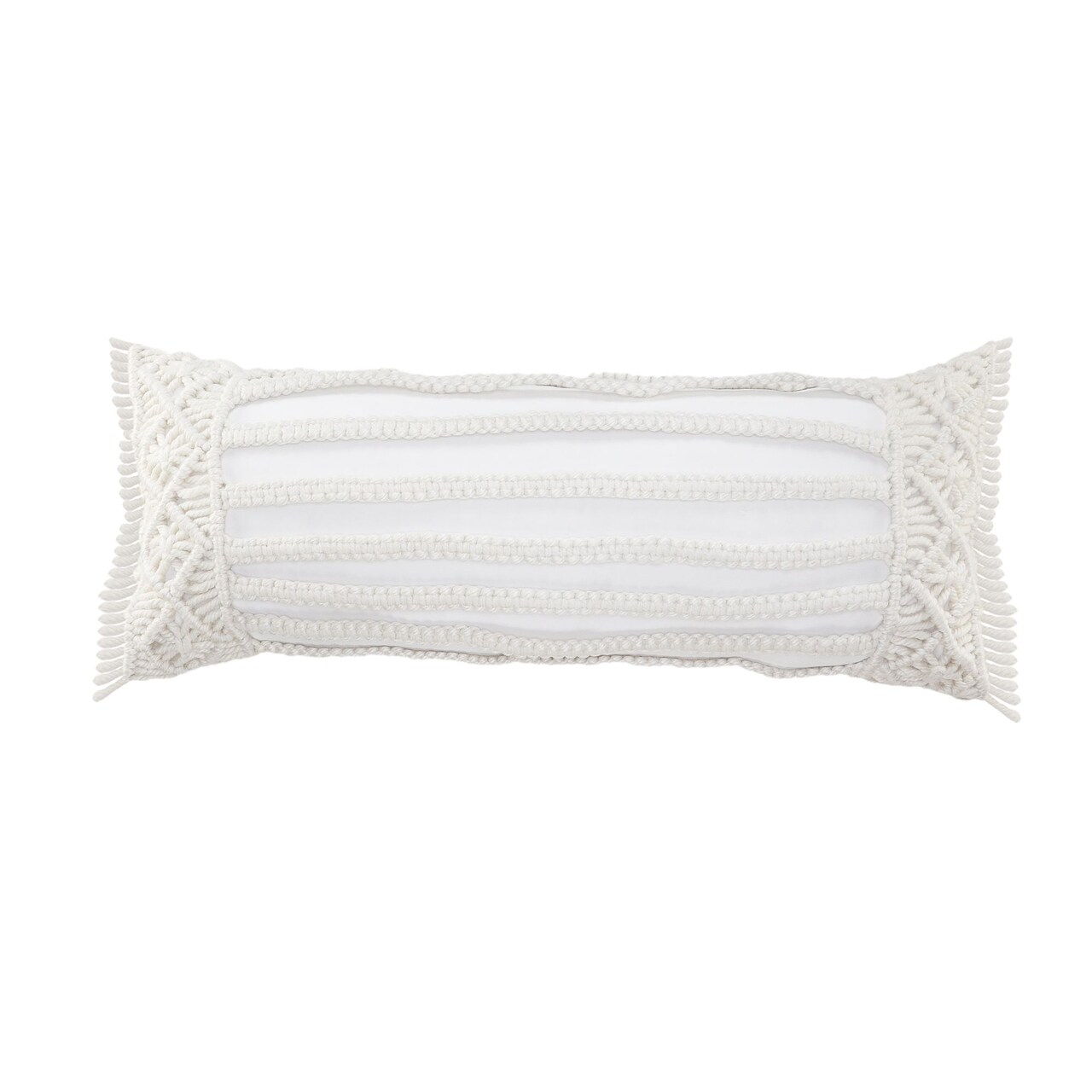 Laddha Home Designs 36" White Macrame Outdoor Lumbar Throw Pillow